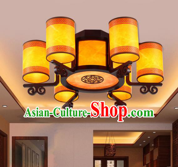 Traditional Chinese Ceiling Palace Lanterns Handmade Six-Lights Wood Hanging Lantern Ancient Lamp