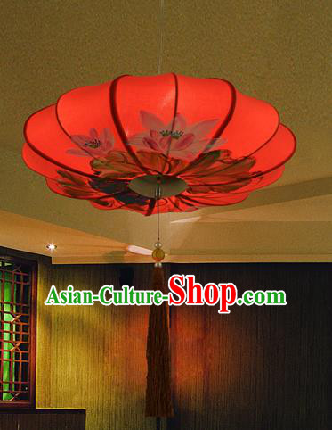 Traditional Chinese Painting Lotus Red Hanging Lanterns Ancient Handmade Ceiling Lantern Ancient Lamp