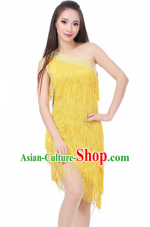 Top Modern Dance Latin Dance Costume Classical Jazz Dance Yellow Tassel Dress for Women