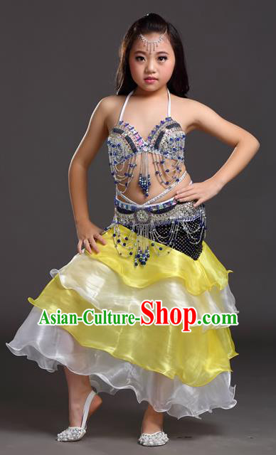 Asian Indian Children Belly Dance Yellow and White Dress Stage Performance Oriental Dance Clothing for Kids