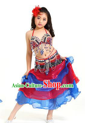 Asian Indian Children Belly Dance Red and Blue Dress Stage Performance Oriental Dance Clothing for Kids