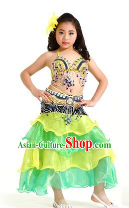 Asian Indian Children Belly Dance Yellow and Green Dress Stage Performance Oriental Dance Clothing for Kids