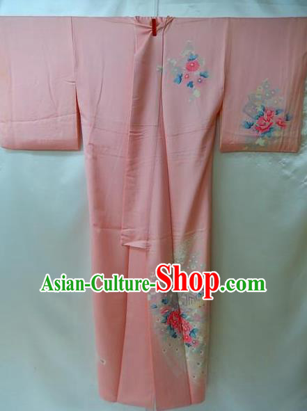 Traditional Japan Palace Costume Pink Dress Furisode Kimono Japanese Yukata for Women