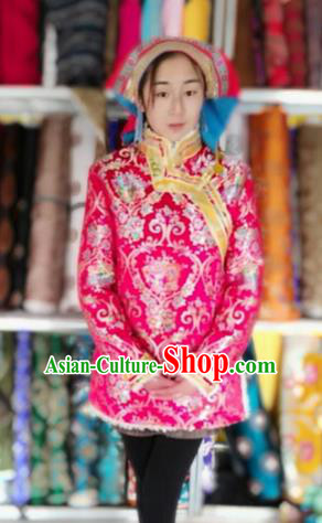 Chinese Tibetan Nationality Dance Costume Pink Coat, Traditional Zang Ethnic Minority Cotton-padded Jacket for Women