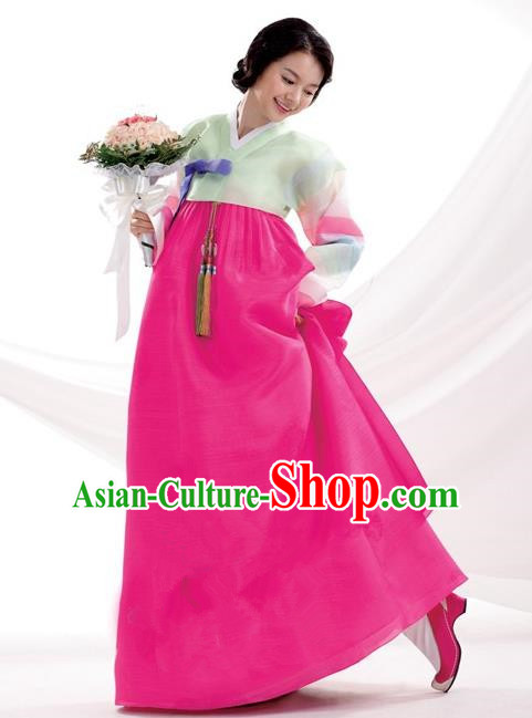 Korean Traditional Bride Palace Hanbok Clothing Korean Fashion Apparel Green Blouse and Rosy Dress for Women