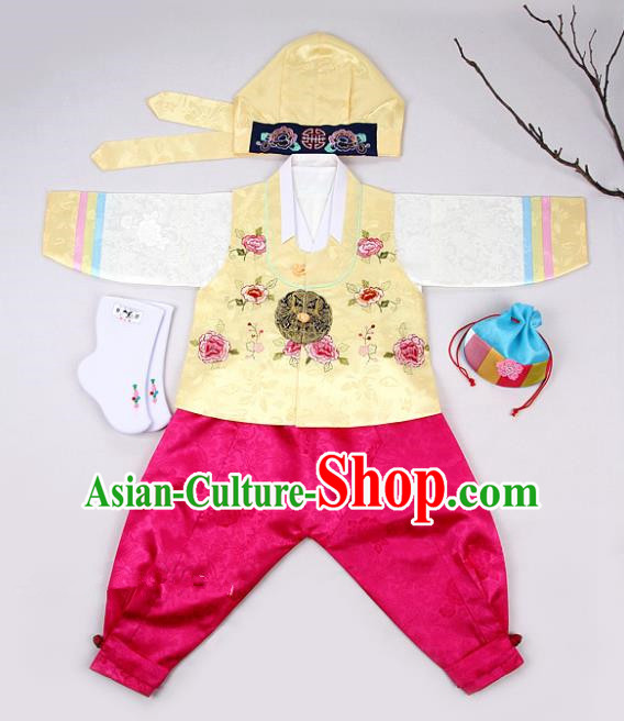 Korean Traditional Hanbok Clothing Korean Boys Hanbok Costumes Yellow Shirt and Rosy Pants for Kids