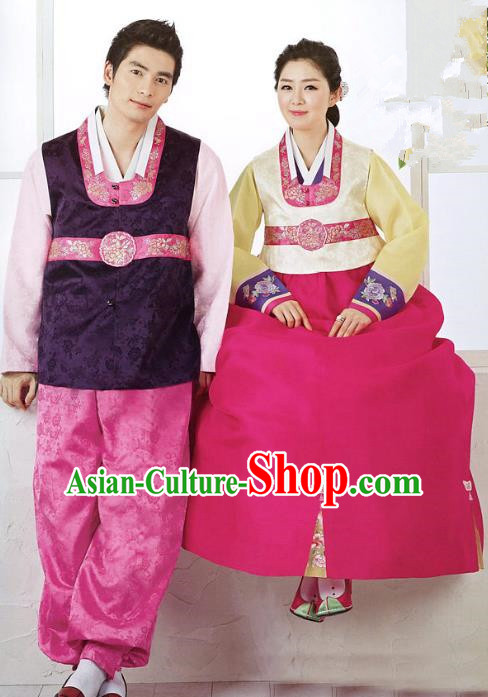 Asian Korean Traditional Palace Hanbok Wedding Clothing Ancient Korean Bride and Bridegroom Costumes Complete Set