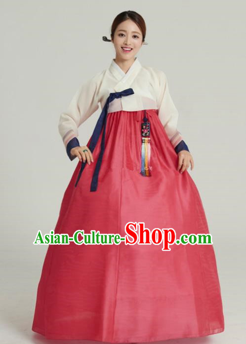 Korean Traditional Handmade Palace Hanbok White Blouse and Red Dress Fashion Apparel Bride Costumes for Women
