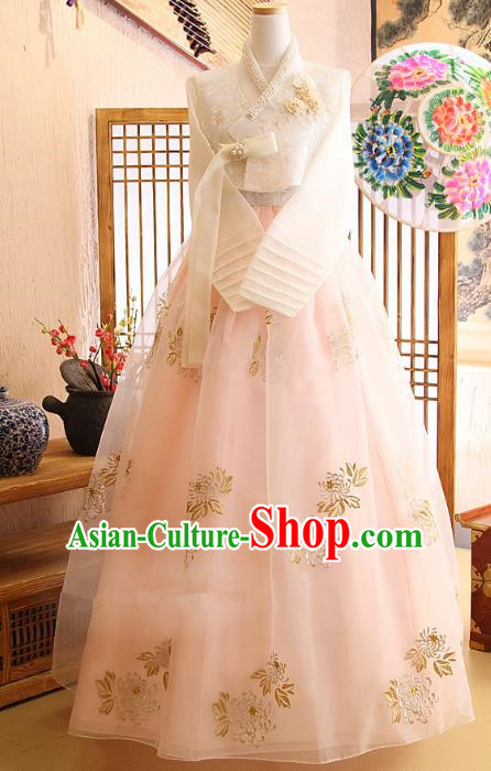 Top Grade Korean Palace Hanbok Bride Traditional White Blouse and Pink Dress Fashion Apparel Costumes for Women