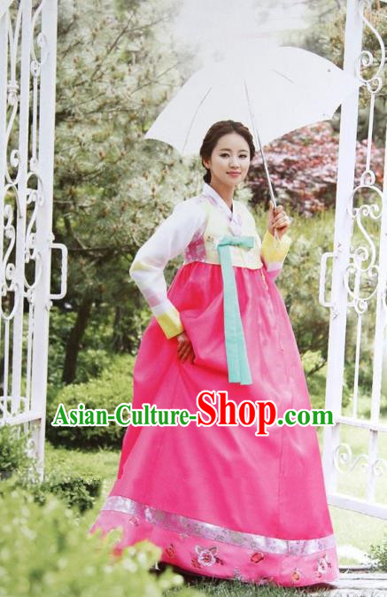 Top Grade Korean Hanbok Yellow Blouse and Pink Dress Ancient Traditional Fashion Apparel Costumes for Women