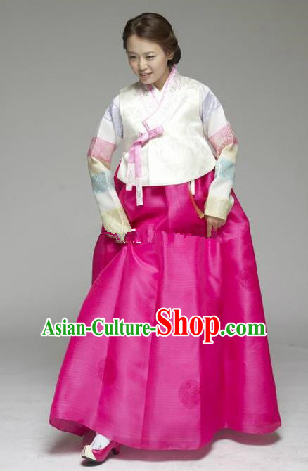 Korean Traditional Hanbok White Blouse and Rosy Dress Ancient Formal Occasions Fashion Apparel Costumes for Women