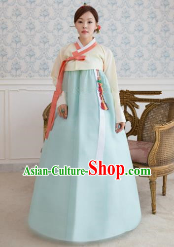 Korean Traditional Bride Hanbok Formal Occasions White Blouse and Light Blue Dress Ancient Fashion Apparel Costumes for Women