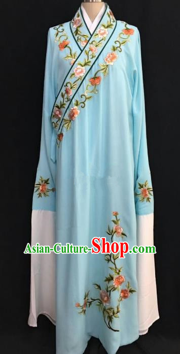 China Traditional Beijing Opera Niche Embroidered Peony Blue Robe Chinese Peking Opera Gifted Scholar Costume
