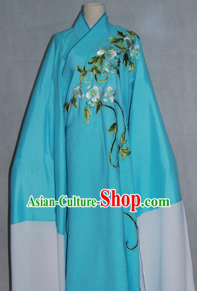 China Traditional Beijing Opera Niche Costume Embroidered Flowers Blue Robe Chinese Peking Opera Scholar Clothing for Adults
