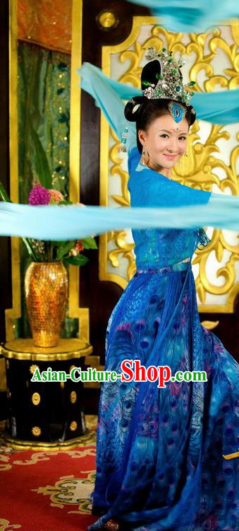 Chinese Ancient Tang Dynasty Palace Dance Blue Dress Courtesan Historical Costume for Women