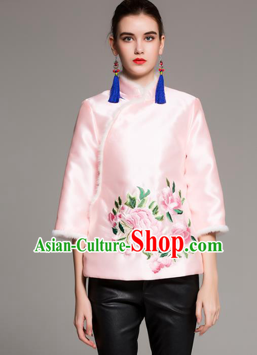 Chinese National Costume Traditional Embroidered Pink Blouse Silk Cotton-padded Coat for Women