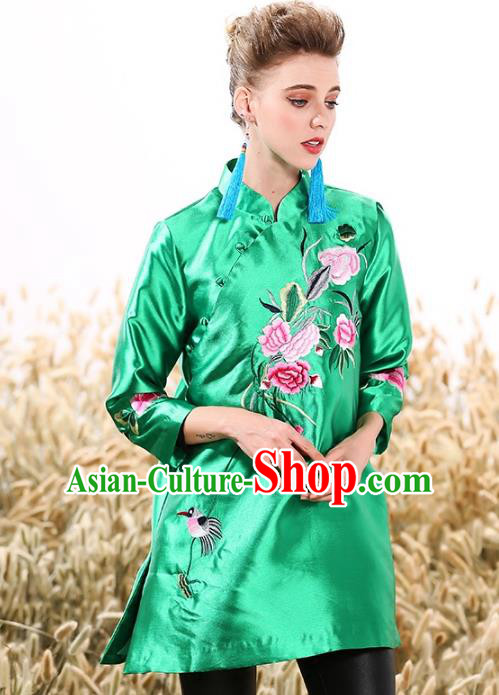 Chinese National Costume Tang Suit Green Shirts Traditional Embroidered Peony Blouse for Women