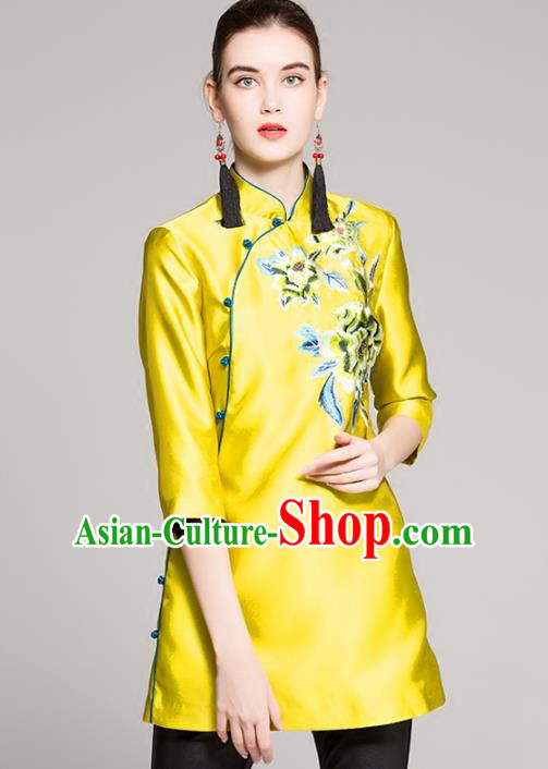 Chinese National Costume Tang Suit Shirts Traditional Embroidered Yellow Blouse for Women