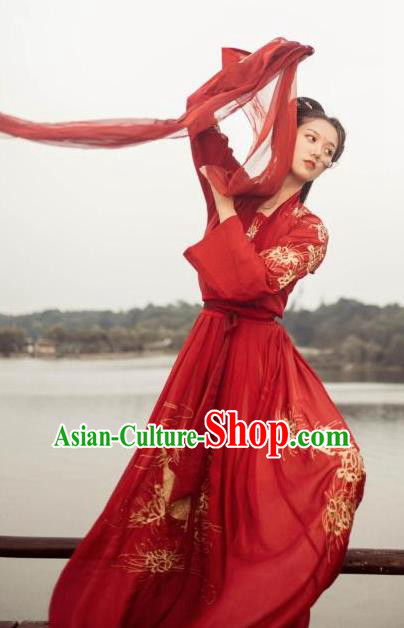 Chinese Ancient Tang Dynasty Princess Embroidered Costume Hanfu Dress for Women