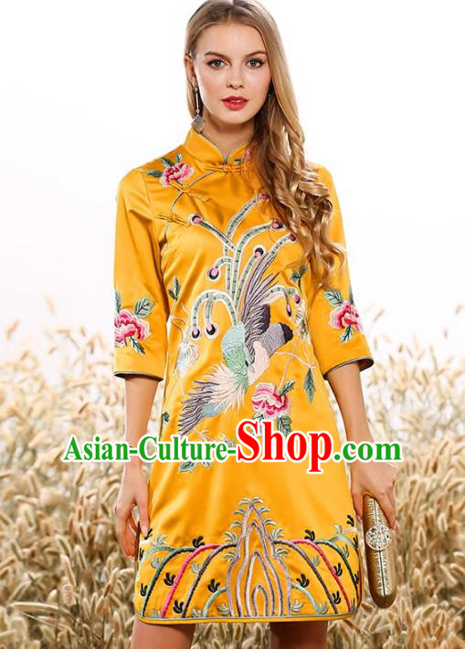Chinese National Costume Tang Suit Yellow Qipao Dress Traditional Embroidered Phoenix Cheongsam for Women