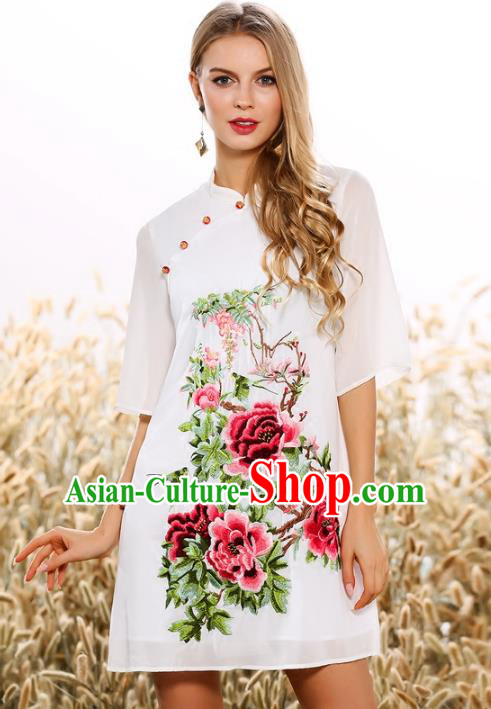 Chinese National Costume Tang Suit White Qipao Dress Traditional Embroidered Peony Cheongsam for Women