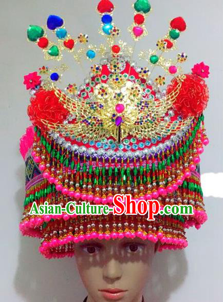Traditional Chinese Yi Nationality Dance Hair Accessories Crystal Hats Hmong Ethnic Minority Headwear for Women