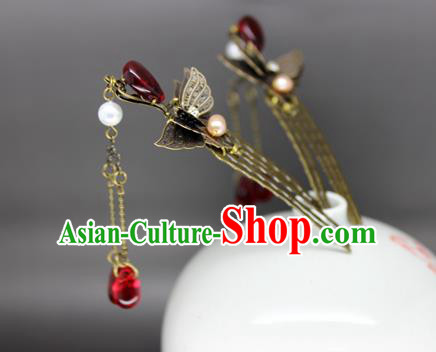 Chinese Ancient Handmade Hair Accessories Classical Red Crystal Tassel Hairpins Butterfly Hair Comb for Women