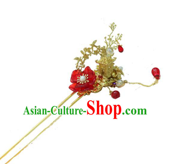 Chinese Ancient Handmade Hanfu Hairpins Palace Lady Red Flower Hair Clip Hair Accessories for Women