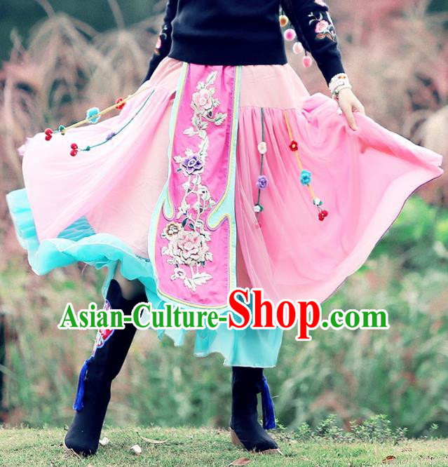 Traditional China National Costume Pink Bust Skirt Chinese Tang Suit Embroidered Dress for Women
