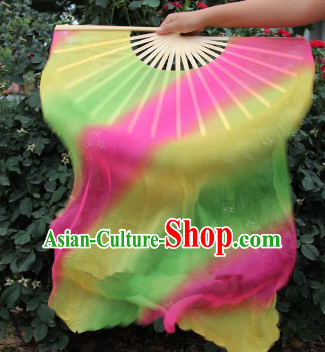 Chinese Handmade Folk Dance Folding Fans Yangko Dance Gradient Silk Ribbon Fan for Women