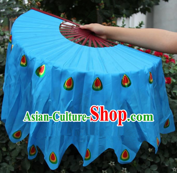 Chinese Handmade Folk Dance Peacock Folding Fans Yangko Dance Blue Silk Ribbon Fan for Women