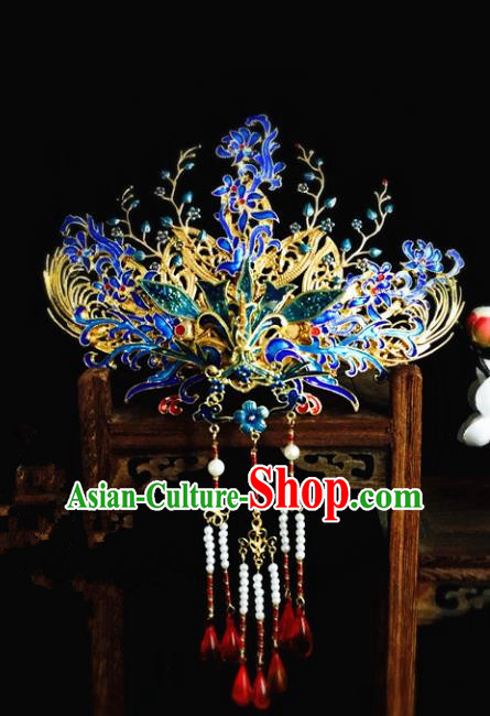 Chinese Handmade Classical Hair Accessories Blueing Phoenix Coronet Hairpin Hair Sticks Hanfu Hairpins for Women