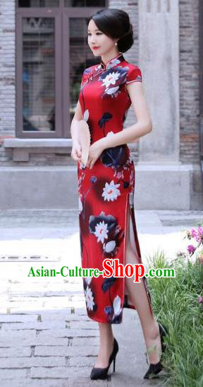 Chinese Traditional Mandarin Silk Qipao Dress National Costume Printing Lotus Red Long Cheongsam for Women