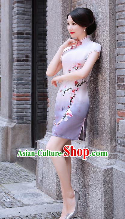 Chinese Traditional Mandarin Qipao Dress National Costume Printing Mangnolia Cheongsam for Women