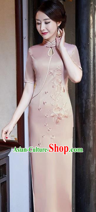 Chinese Traditional Tang Suit Embroidered Peony Qipao Dress National Costume Pink Silk Mandarin Cheongsam for Women