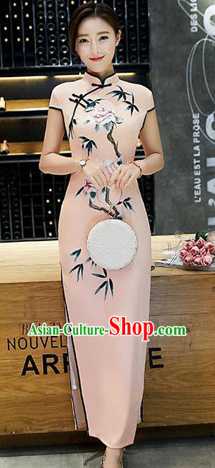 Chinese Traditional Tang Suit Qipao Dress National Costume Printing Pink Mandarin Cheongsam for Women
