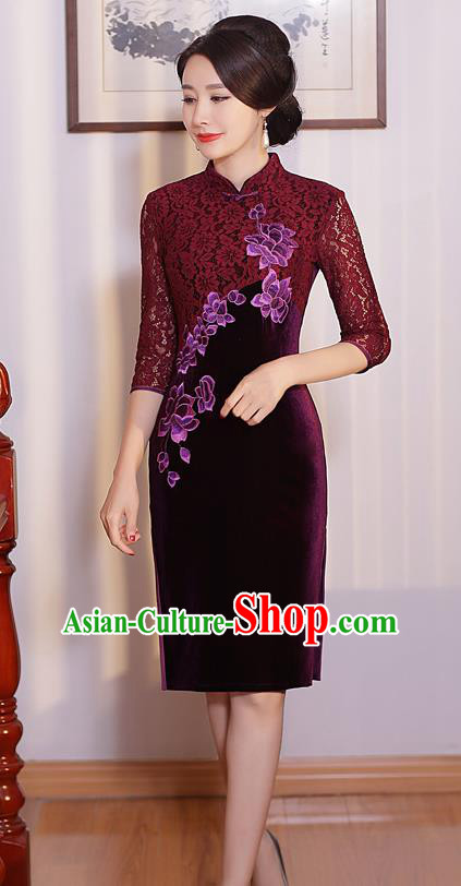 Chinese Traditional Tang Suit Embroidered Qipao Dress National Costume Retro Purple Lace Mandarin Cheongsam for Women
