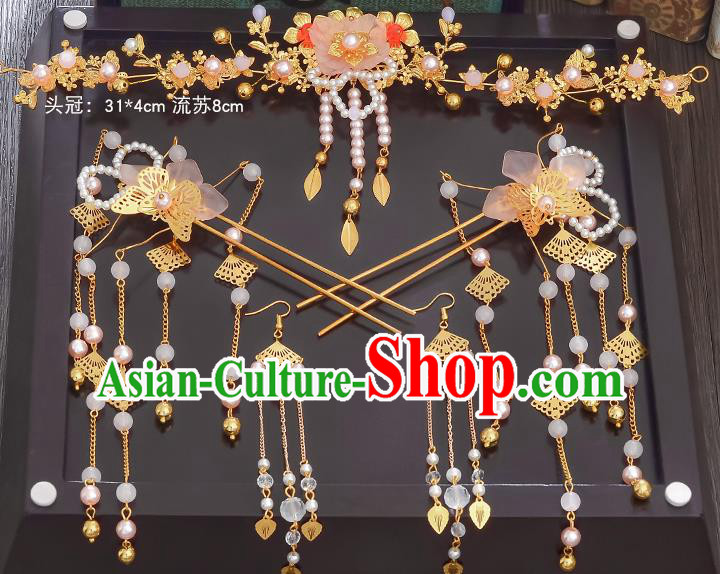 Traditional Chinese Ancient Bride Hair Accessories Xiuhe Suit Hairpins Flowers Hair Comb Complete Set for Women