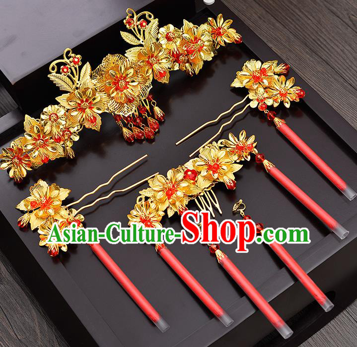 Traditional Chinese Ancient Bride Hair Accessories Xiuhe Suit Hairpins Golden Hair Comb Complete Set for Women