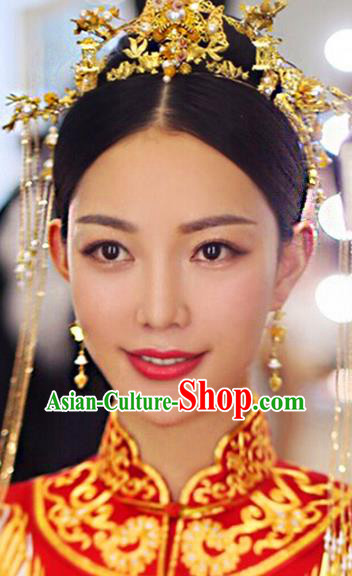 Traditional Chinese Ancient Bride Hair Accessories Xiuhe Suit Golden Phoenix Coronet Hairpins Complete Set for Women