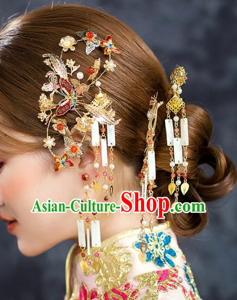 Traditional Chinese Ancient Bride Hair Accessories Xiuhe Suit Butterfly Hairpins Complete Set for Women