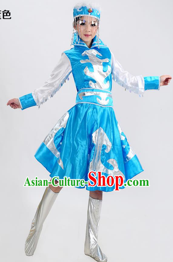 Traditional Chinese Mongol Nationality Dance Costume, Mongols Folk Dance Blue Dress for Women
