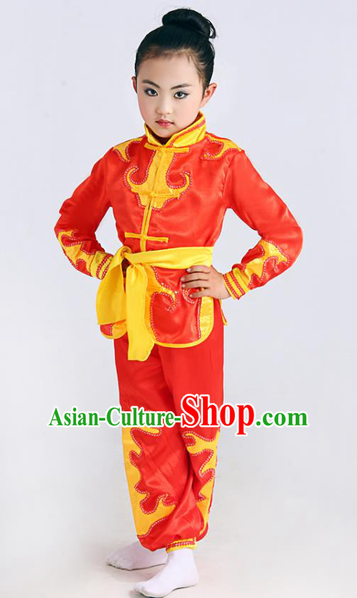 Traditional Chinese Martial Arts Costume, Folk Dance Waist Drum Dance Red Uniform Yangko Clothing for Kids