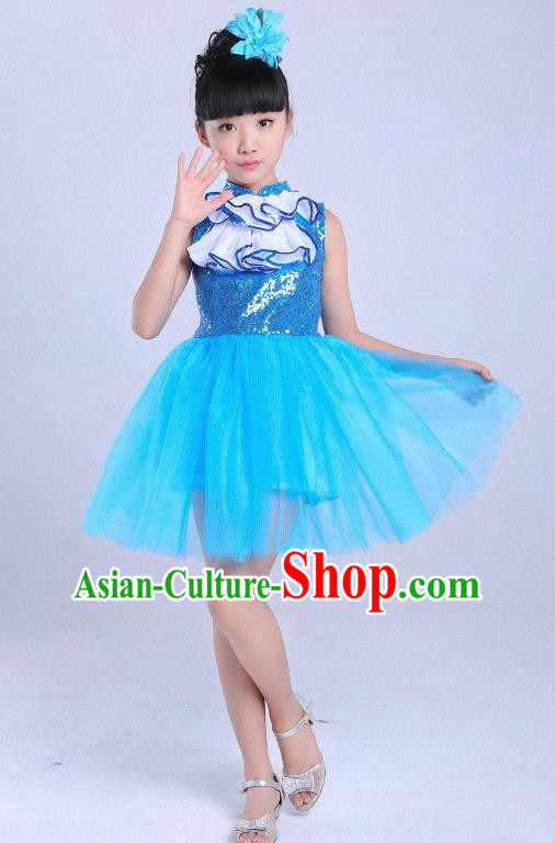 Children Modern Dance Compere Costume Blue Dress, Chorus Singing Group Girls Clothing for Kids