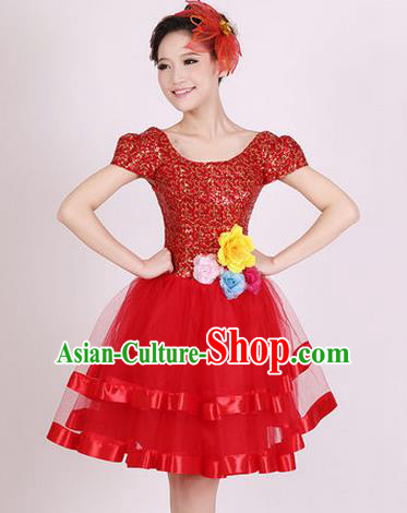 Top Grade Stage Performance Dance Chorus Costume, Professional Modern Dance Red Bubble Dress for Women