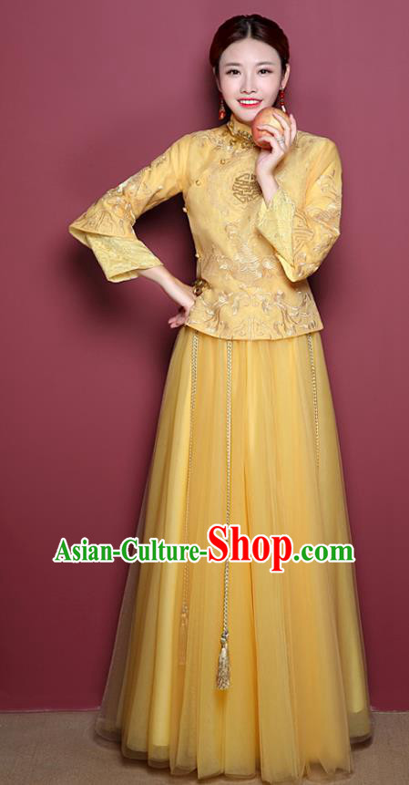 Chinese Ancient Wedding Costume Bride Yellow Toast Clothing, China Traditional Delicate Embroidered Dress Xiuhe Suits for Women