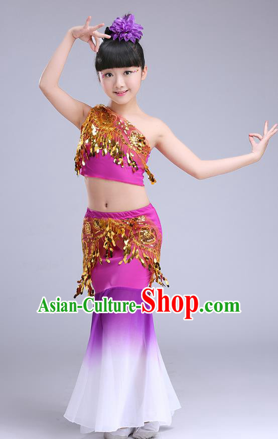 Chinese Traditional Folk Dance Costumes Pavane Dance Purple Dress Children Classical Peacock Dance Clothing for Kids