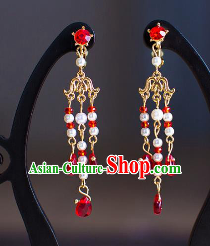 Chinese Ancient Bride Classical Accessories Red Beads Earrings Wedding Jewelry Hanfu Eardrop for Women