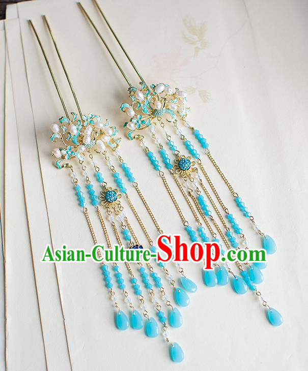 Chinese Traditional Palace Hair Accessories Xiuhe Suit Blueing Lotus Pearls Hair Clips Ancient Hairpins for Women