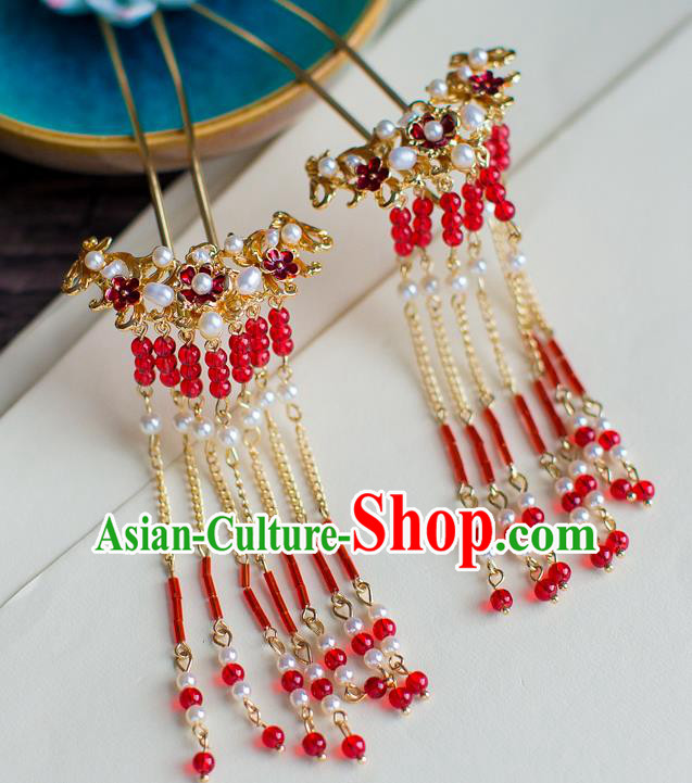 Chinese Traditional Palace Hair Accessories Xiuhe Suit Red Tassel Hair Clips Ancient Hairpins for Women